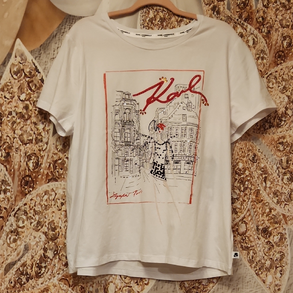 Karl Lagerfeld White T-Shirt Black/ Red City View Clystals New L M S XS